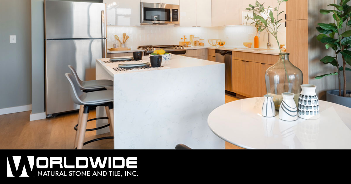 Carrara Quartz Countertops paired with natural wood & white cabinets